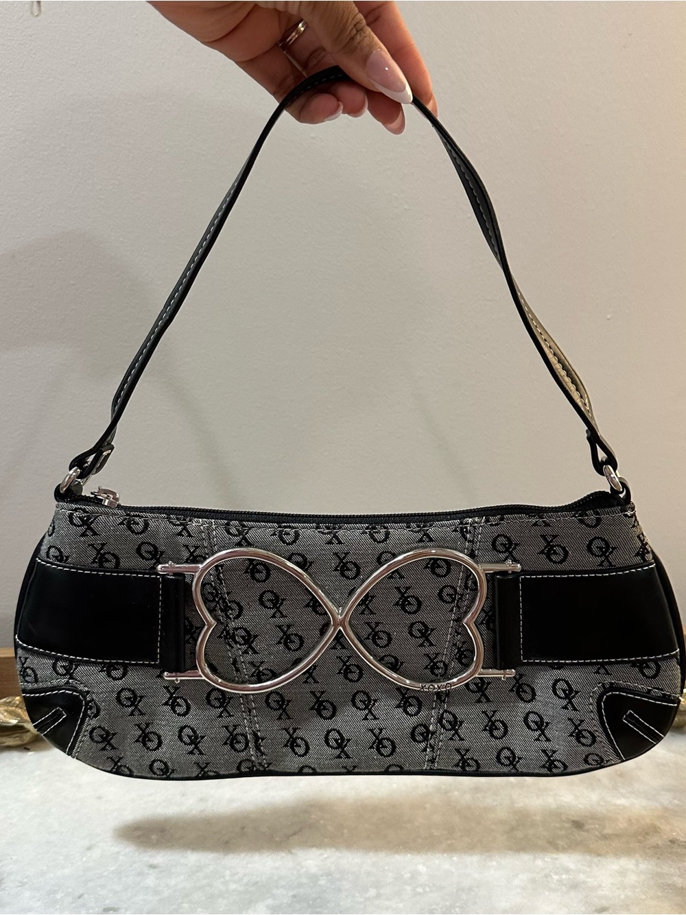 XOXO Black Patterned Shoulder Bag with Silver Accent Heart-Infinity Detail Y2K